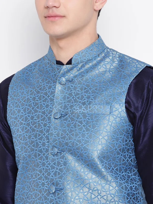 Navy_Blue_Banarasi_Dupion_Kurta_with_Churidar_And_Waistcoat_Set_For_Men