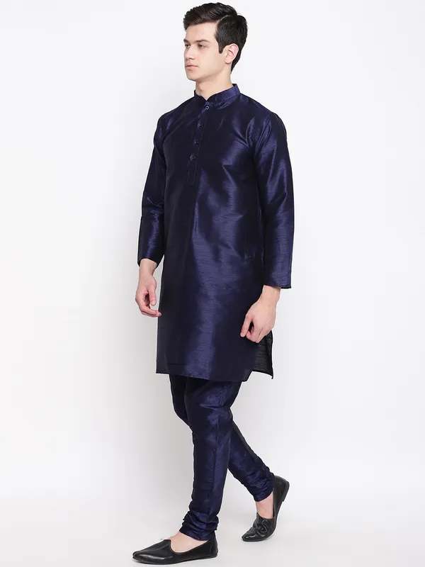 Navy_Blue_Banarasi_Dupion_Kurta_with_Churidar_And_Waistcoat_Set_For_Men
