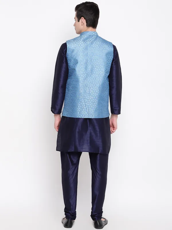 Navy_Blue_Banarasi_Dupion_Kurta_with_Churidar_And_Waistcoat_Set_For_Men