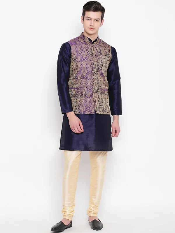 Navy_Blue_Banarasi_Dupion_Kurta_with_Churidar_And_Waistcoat_Set_For_Men