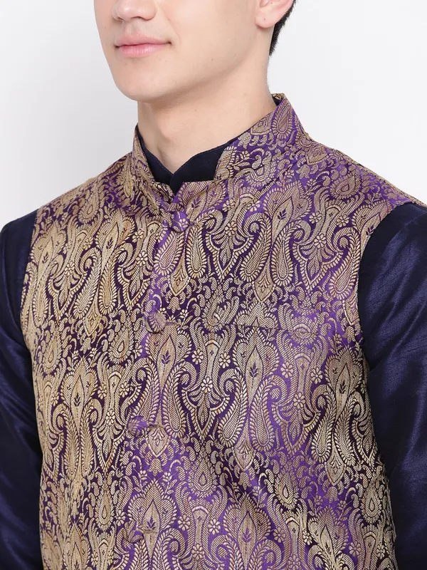 Navy_Blue_Banarasi_Dupion_Kurta_with_Churidar_And_Waistcoat_Set_For_Men