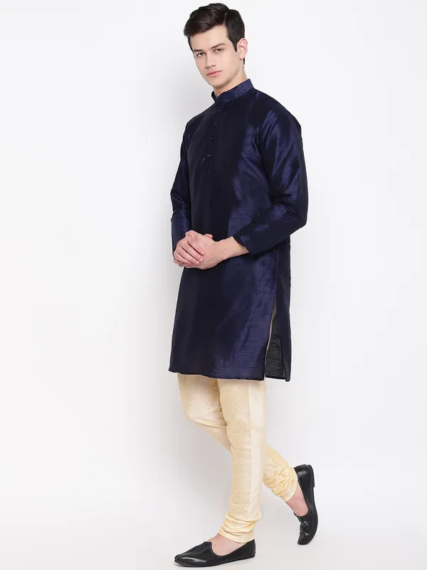 Navy_Blue_Banarasi_Dupion_Kurta_with_Churidar_And_Waistcoat_Set_For_Men