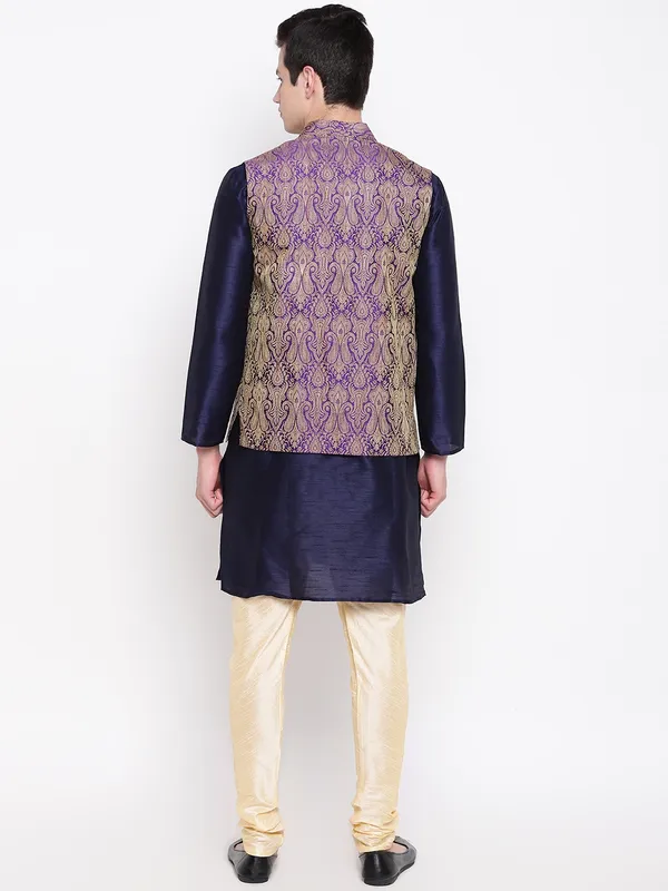 Navy_Blue_Banarasi_Dupion_Kurta_with_Churidar_And_Waistcoat_Set_For_Men