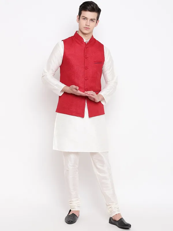 White_Banarasi_Dupion_Kurta_With_Churidar_And_Jute_Waistcoat_Set_For_Men