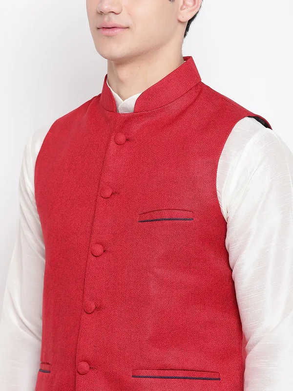 White_Banarasi_Dupion_Kurta_With_Churidar_And_Jute_Waistcoat_Set_For_Men