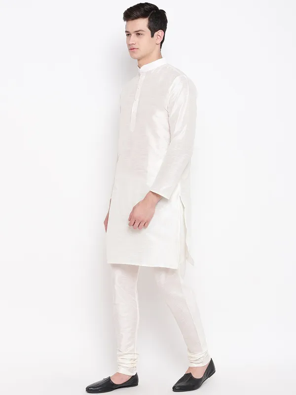 White_Banarasi_Dupion_Kurta_With_Churidar_And_Jute_Waistcoat_Set_For_Men