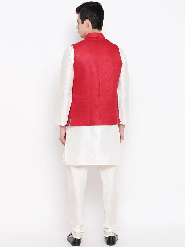 White_Banarasi_Dupion_Kurta_With_Churidar_And_Jute_Waistcoat_Set_For_Men