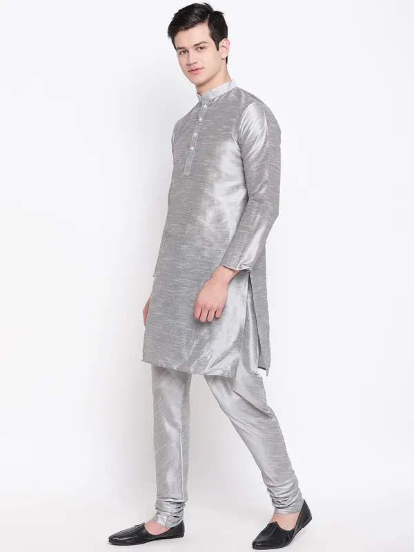 Silver_Banarasi_Dupion_Kurta_With_Churidar_And_Jute_Waistcoat_Set_For_Men