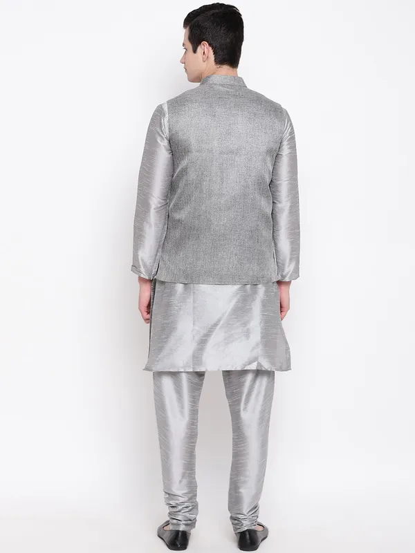 Silver_Banarasi_Dupion_Kurta_With_Churidar_And_Jute_Waistcoat_Set_For_Men