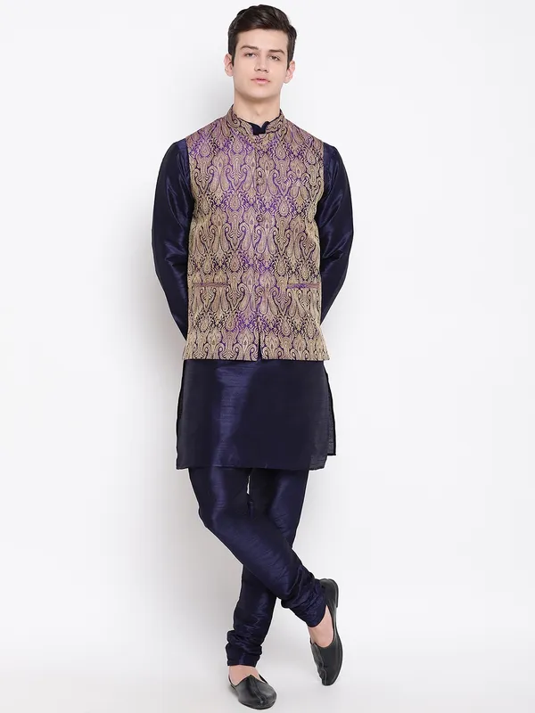 Navy_Blue_Banarasi_Dupion_Kurta_With_Churidar_And_Waistcoat_Set_For_Men