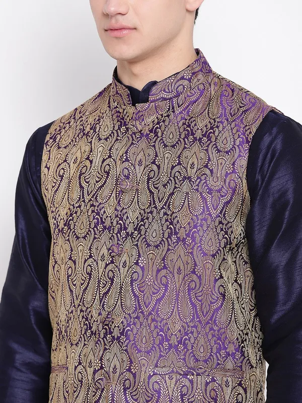 Navy_Blue_Banarasi_Dupion_Kurta_With_Churidar_And_Waistcoat_Set_For_Men