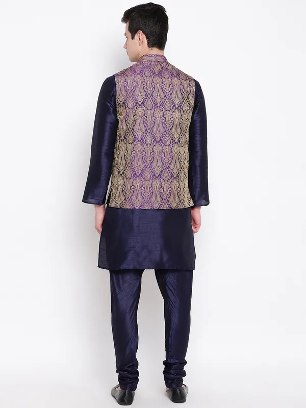Navy_Blue_Banarasi_Dupion_Kurta_With_Churidar_And_Waistcoat_Set_For_Men