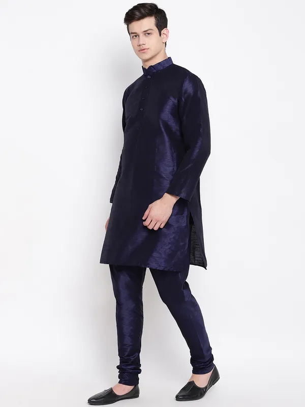 Navy_Blue_Banarasi_Dupion_Kurta_With_Churidar_And_Waistcoat_Set_For_Men