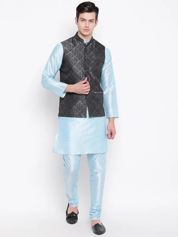 Sky_Blue_Banarasi_Dupion_Kurta_With_Churidar_And_Waistcoat_Set_For_Men