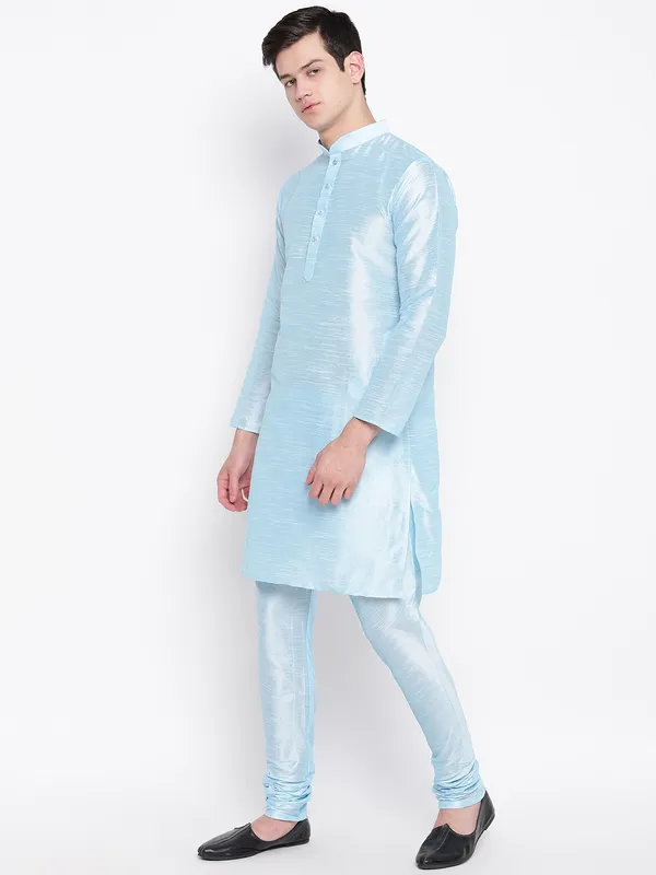 Sky_Blue_Banarasi_Dupion_Kurta_With_Churidar_And_Waistcoat_Set_For_Men