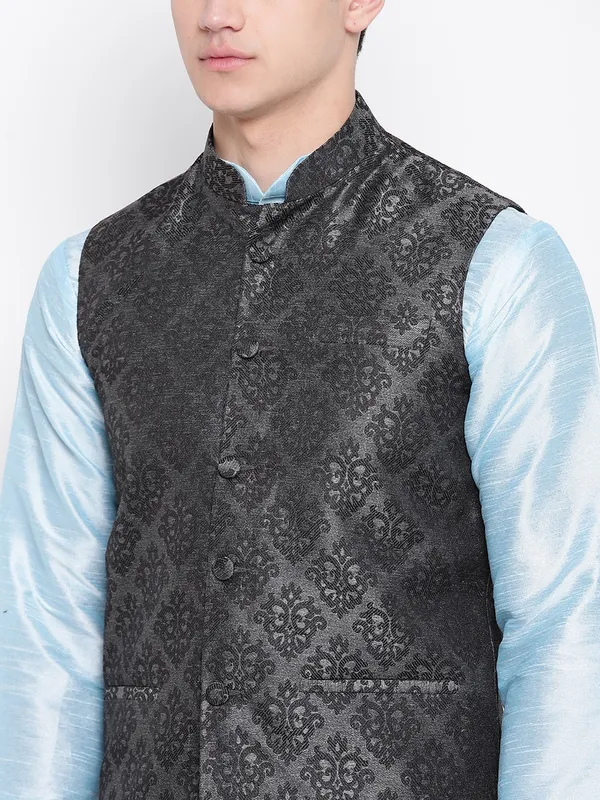 Sky_Blue_Banarasi_Dupion_Kurta_With_Churidar_And_Waistcoat_Set_For_Men