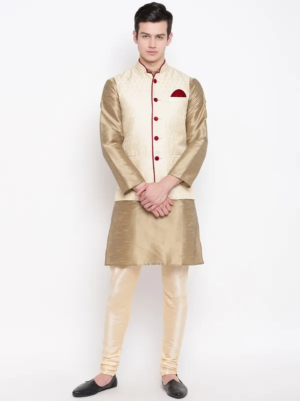 Copper_Gold_Banarasi_Dupion_Kurta_With_Churidar_And_Waistcoat_Set_For_Men