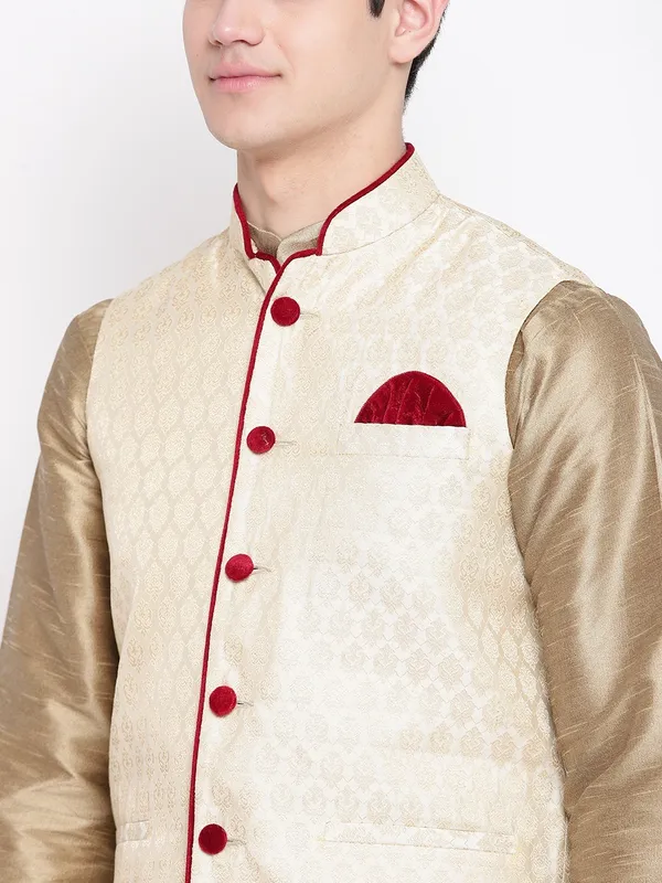 Copper_Gold_Banarasi_Dupion_Kurta_With_Churidar_And_Waistcoat_Set_For_Men