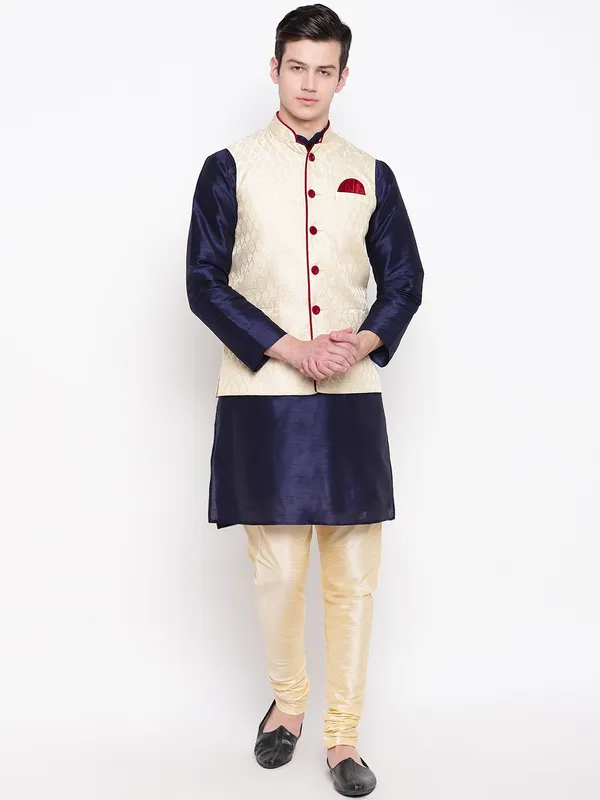 Navy_Blue_Banarasi_Dupion_Kurta_With_Churidar_And_Waistcoat_Set_For_Men