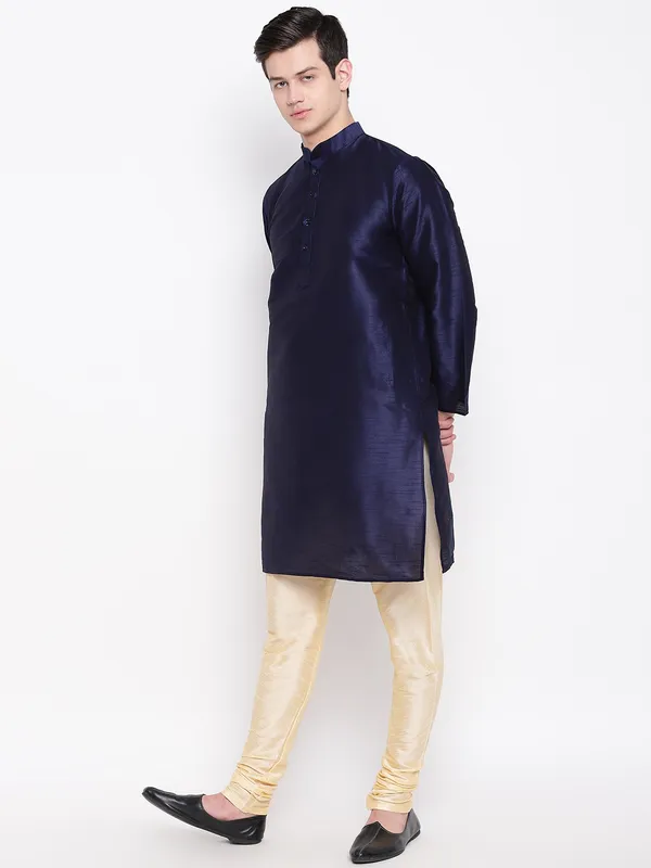Navy_Blue_Banarasi_Dupion_Kurta_With_Churidar_And_Waistcoat_Set_For_Men