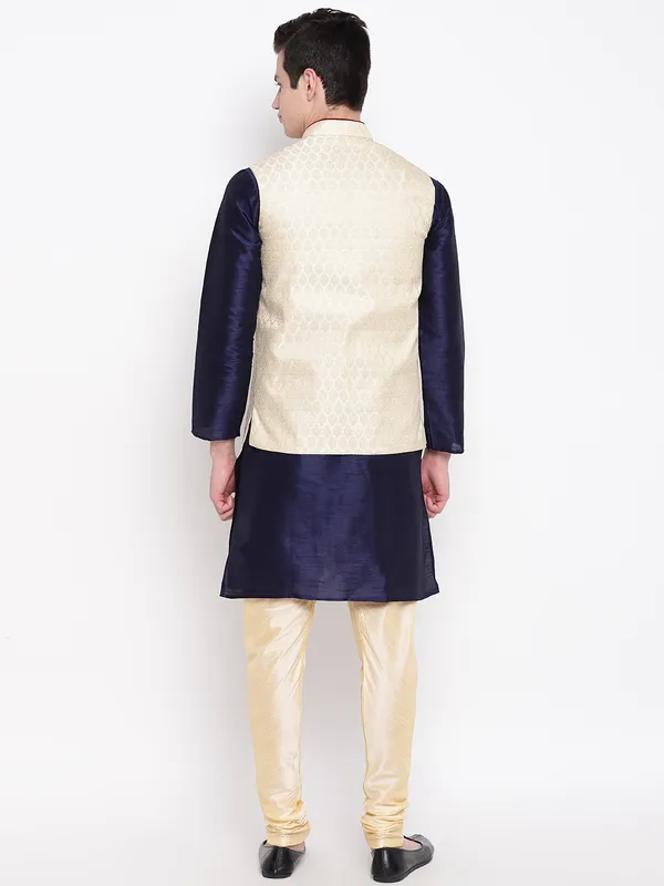 Navy_Blue_Banarasi_Dupion_Kurta_With_Churidar_And_Waistcoat_Set_For_Men