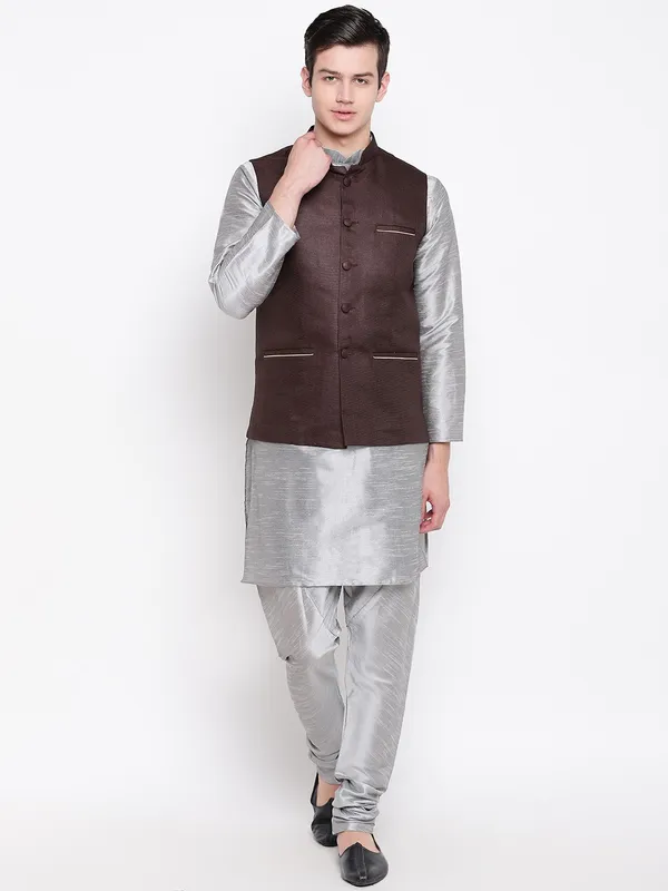Silver_Banarasi_Dupion_Kurta_With_Churidar_And_Waistcoat_Set_For_Men