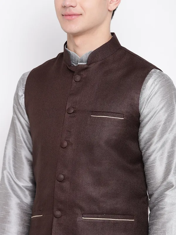 Silver_Banarasi_Dupion_Kurta_With_Churidar_And_Waistcoat_Set_For_Men