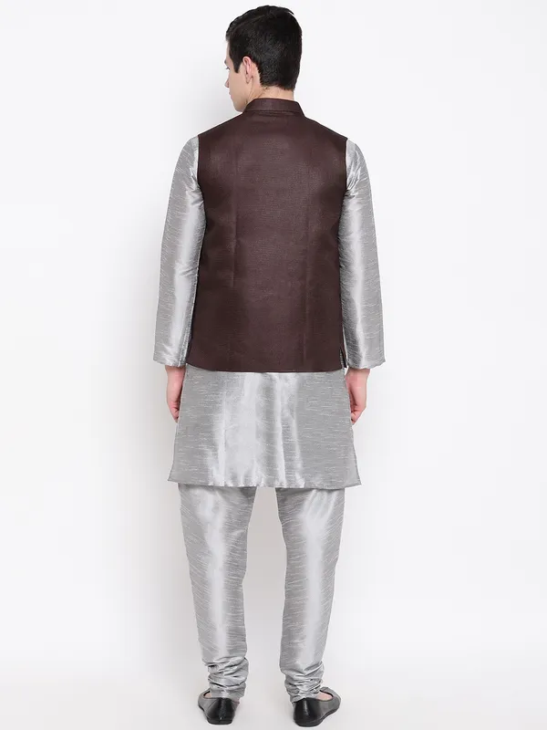 Silver_Banarasi_Dupion_Kurta_With_Churidar_And_Waistcoat_Set_For_Men