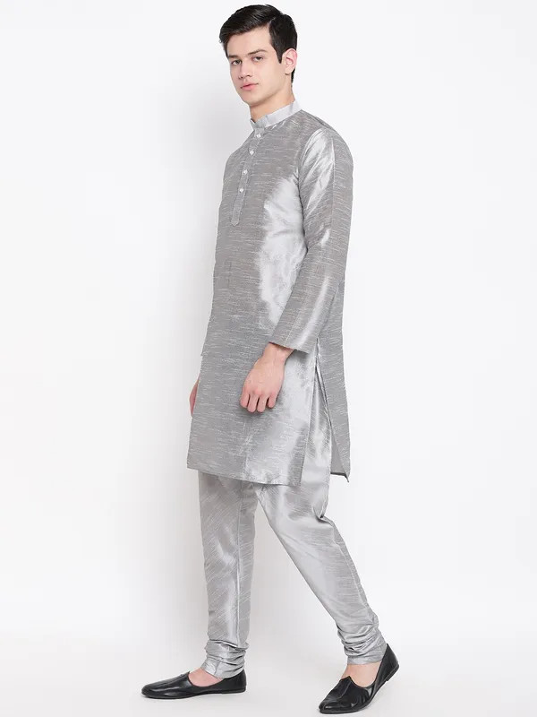 Silver_Banarasi_Dupion_Kurta_With_Churidar_And_Waistcoat_Set_For_Men
