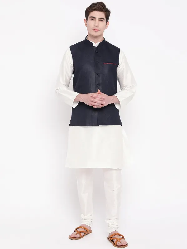 White_Banarasi_Dupion_Kurta_With_Churidar_And_Jute_Waistcoat_Set_For_Men