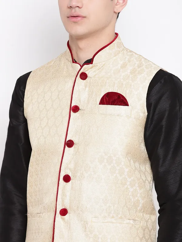 Black_Banarasi_Dupion_Kurta_With_Churidar_And_Waistcoat_Set_For_Men