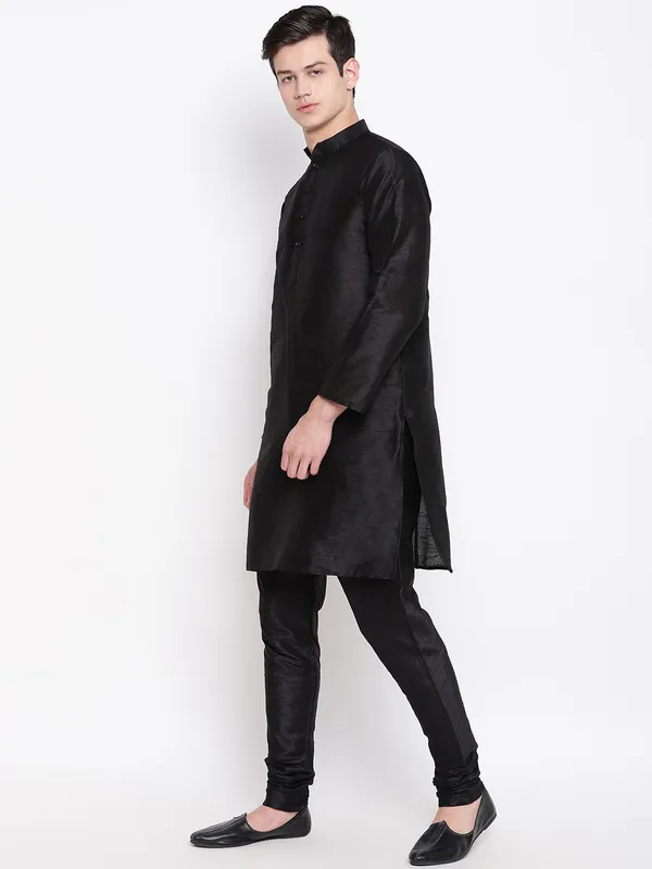 Black_Banarasi_Dupion_Kurta_With_Churidar_And_Waistcoat_Set_For_Men