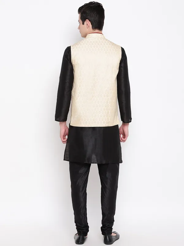 Black_Banarasi_Dupion_Kurta_With_Churidar_And_Waistcoat_Set_For_Men