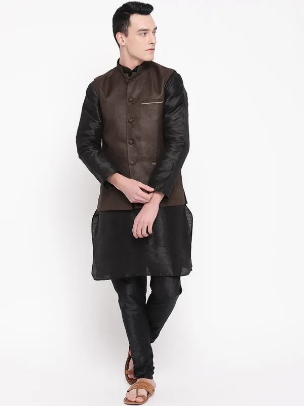 Black_Banarasi_Dupion_Kurta_With_Churidar_And_Waistcoat_Set_For_Men
