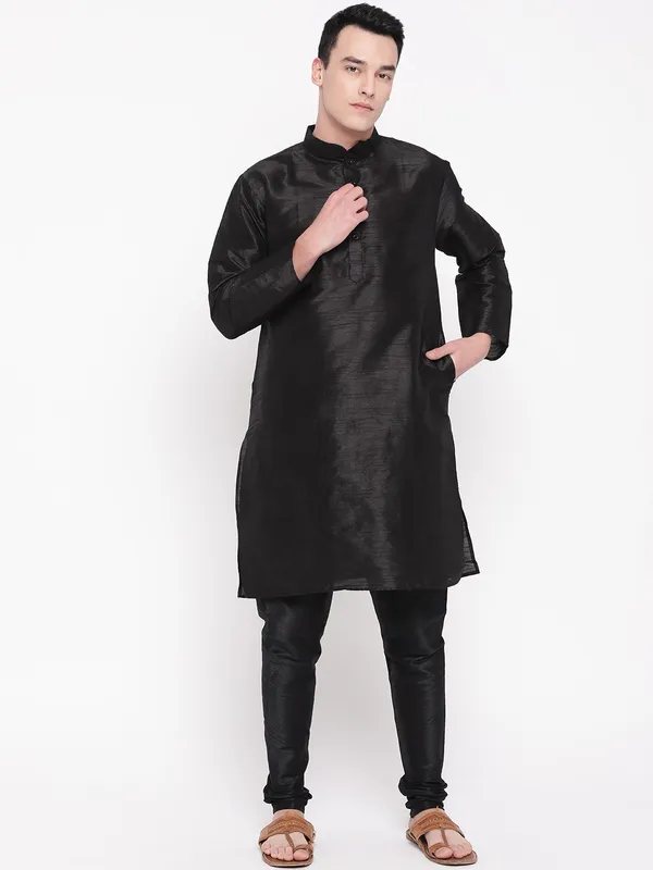 Black_Banarasi_Dupion_Kurta_With_Churidar_And_Waistcoat_Set_For_Men