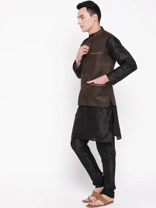 Black_Banarasi_Dupion_Kurta_With_Churidar_And_Waistcoat_Set_For_Men