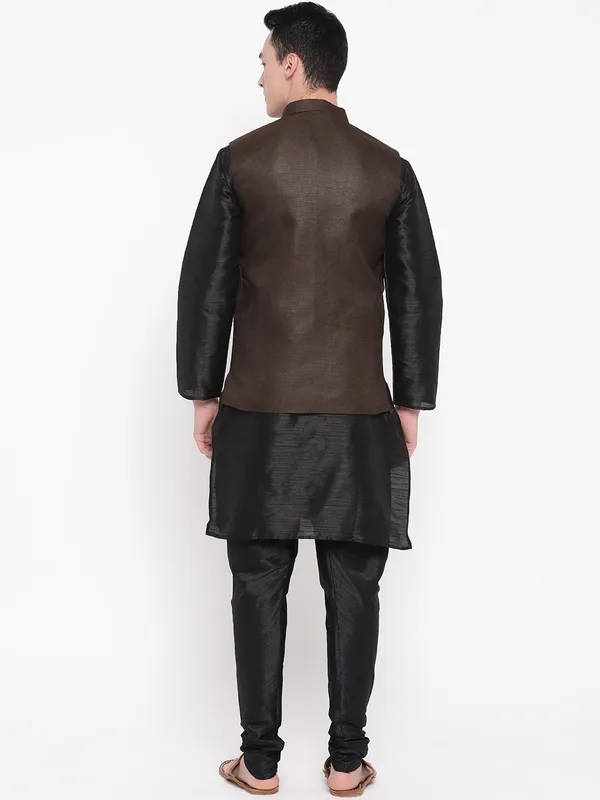 Black_Banarasi_Dupion_Kurta_With_Churidar_And_Waistcoat_Set_For_Men