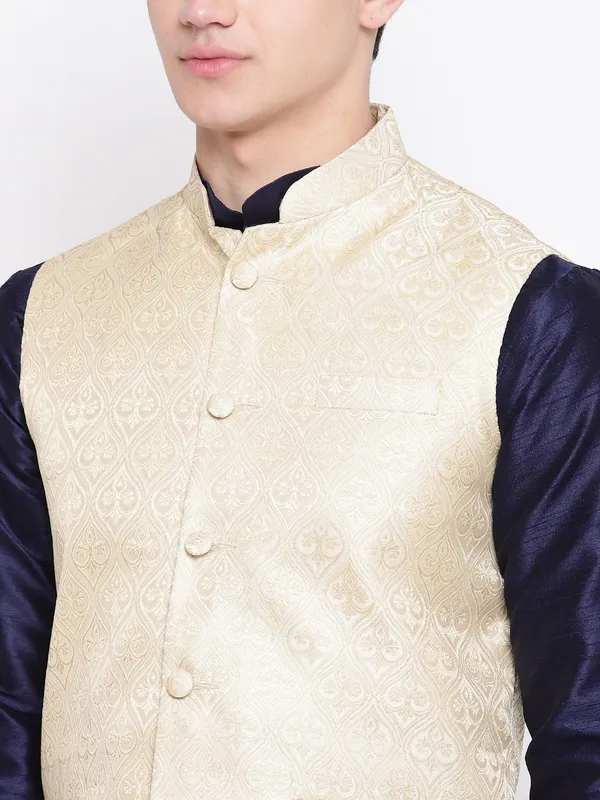 Navy_Blue_Banarasi_Dupion_Kurta_With_Churidar_And_Waistcoat_Set_For_Men