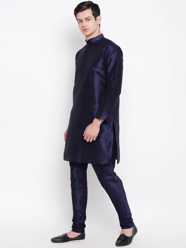 Navy_Blue_Banarasi_Dupion_Kurta_With_Churidar_And_Waistcoat_Set_For_Men