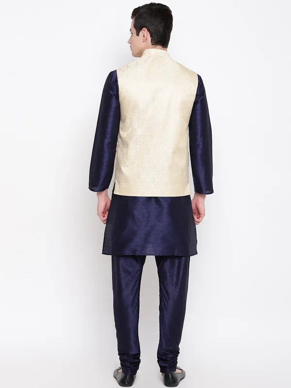 Navy_Blue_Banarasi_Dupion_Kurta_With_Churidar_And_Waistcoat_Set_For_Men