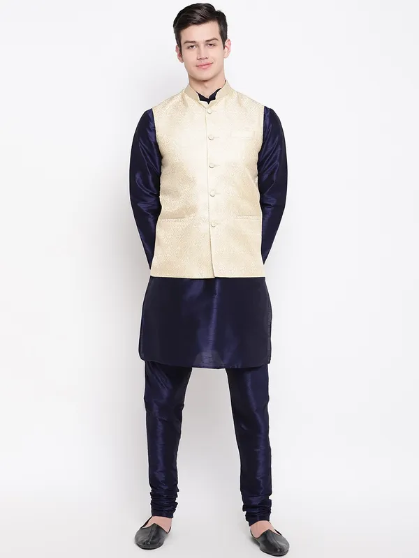 Navy_Blue_Banarasi_Dupion_Kurta_With_Churidar_And_Waistcoat_Set_For_Men