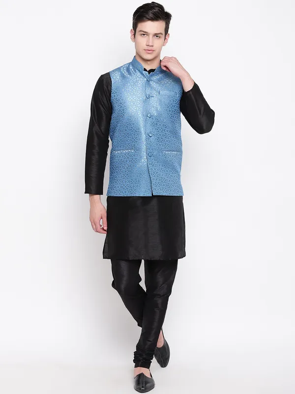 Black_Banarasi_Dupion_Kurta_With_Churidar_And_Waistcoat_Set_For_Men