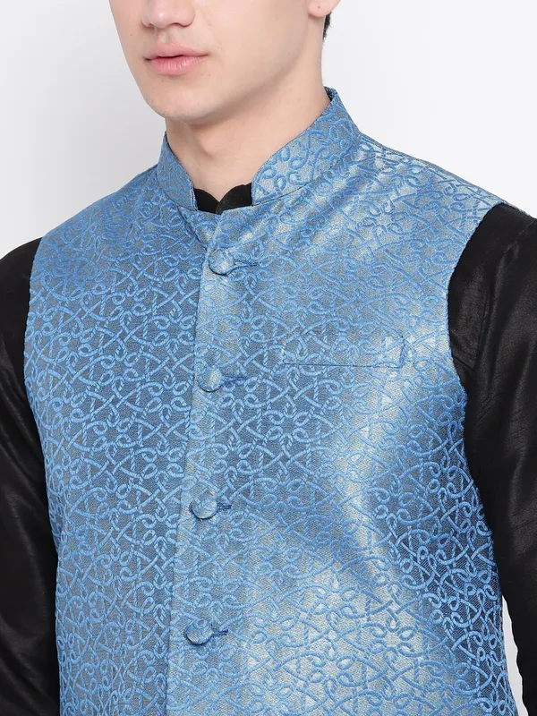 Black_Banarasi_Dupion_Kurta_With_Churidar_And_Waistcoat_Set_For_Men
