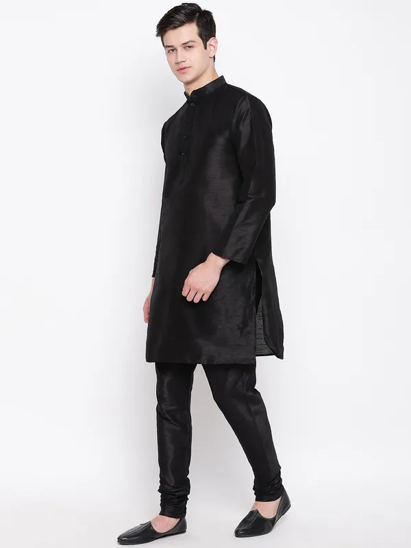 Black_Banarasi_Dupion_Kurta_With_Churidar_And_Waistcoat_Set_For_Men