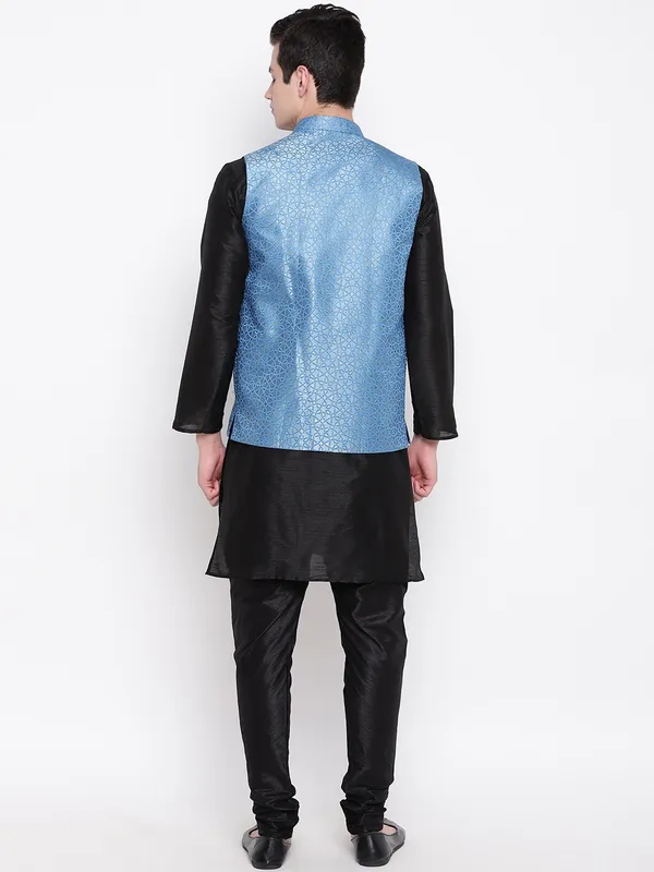 Black_Banarasi_Dupion_Kurta_With_Churidar_And_Waistcoat_Set_For_Men