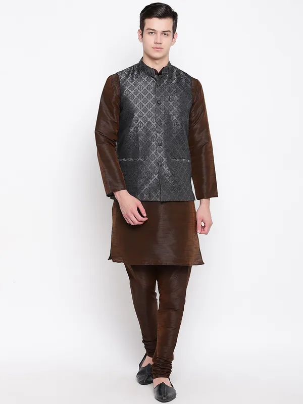 Brown_Banarasi_Dupion_Kurta_With_Churidar_And_Waistcoat_Set_For_Men