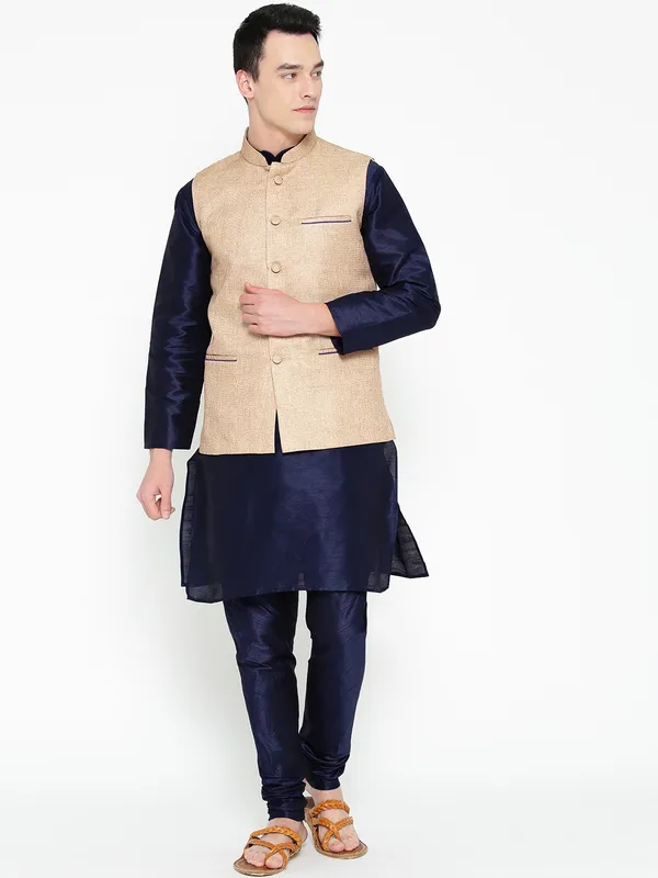 Navy_Blue_Banarasi_Dupion_Kurta_With_Churidar_And_Jute_Waistcoat_Set_For_Men