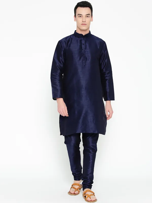 Navy_Blue_Banarasi_Dupion_Kurta_With_Churidar_And_Jute_Waistcoat_Set_For_Men