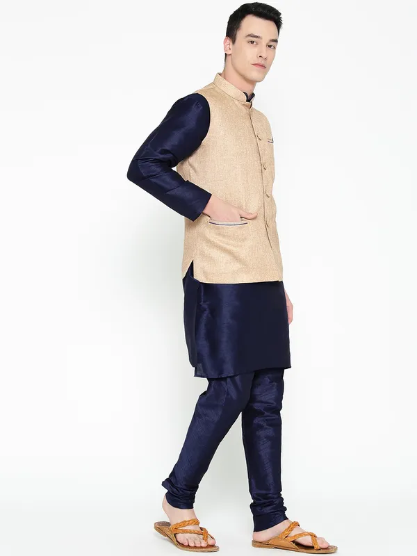 Navy_Blue_Banarasi_Dupion_Kurta_With_Churidar_And_Jute_Waistcoat_Set_For_Men