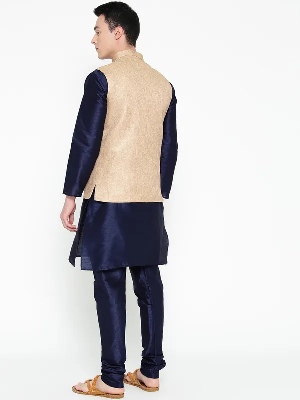 Navy_Blue_Banarasi_Dupion_Kurta_With_Churidar_And_Jute_Waistcoat_Set_For_Men
